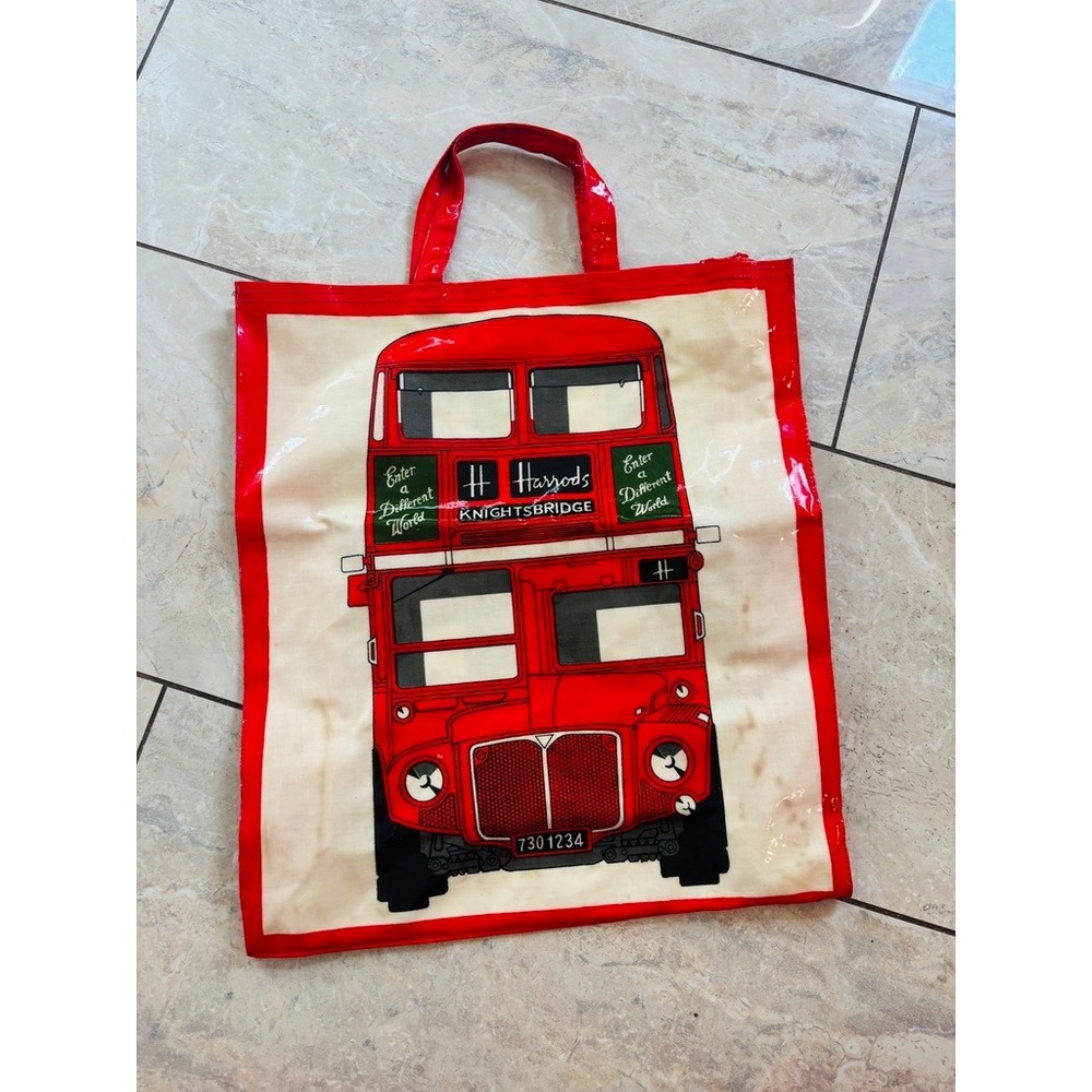 Vintage Harrods Knightsbridge London Red Bus Tote Bag 90s Y2K PVC Made in UK